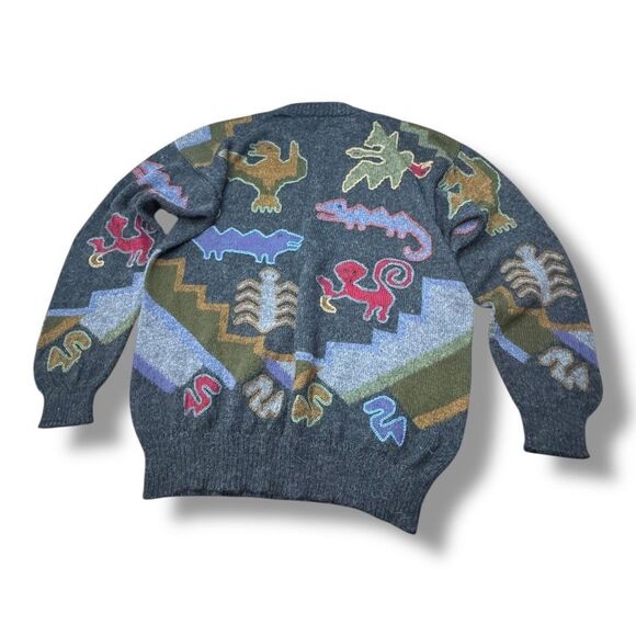 Perez Vintage Aztec Animal Dinosaur Knit Crewneck Sweater Alpaca Men’s Size XL - Picture 2 of 8